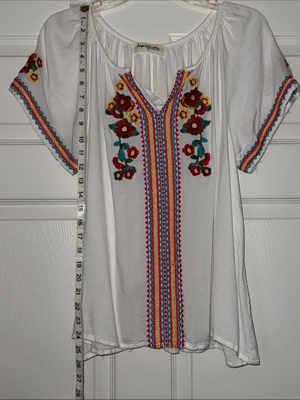 Impressions White V-Neck Tunic with Multicolor Floral Embroidery